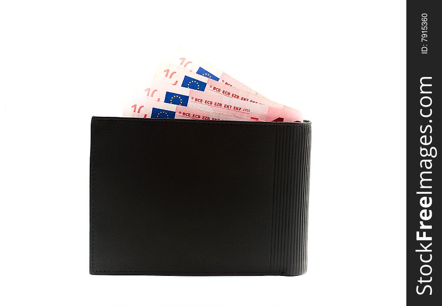 A black leather waller with euro banknotes. A black leather waller with euro banknotes.