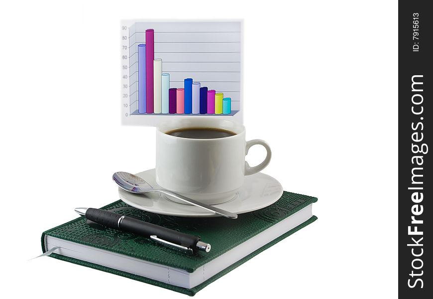 Coffee cup, standing on the black personal organizer, on a back background - financial  diagram . Isolated on white. Coffee cup, standing on the black personal organizer, on a back background - financial  diagram . Isolated on white.