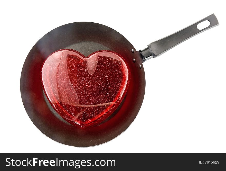 Frying pan with the big red heart. -Fried heart. Isolated. Frying pan with the big red heart. -Fried heart. Isolated.