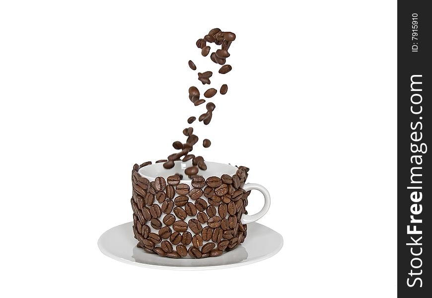 Falling coffee beans in coffee cup.