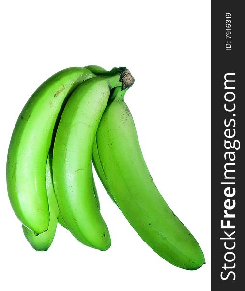 Green bananas isolated on white background, unripe fruits