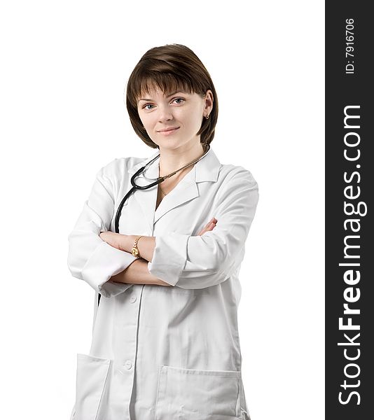 Female nurse with stethoscope over white background