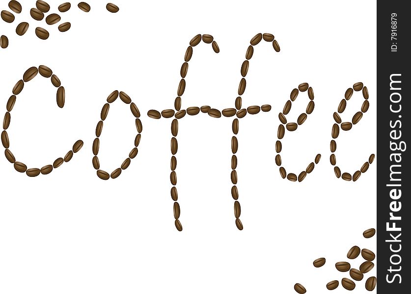 The word coffee spelled in coffee beans. The word coffee spelled in coffee beans