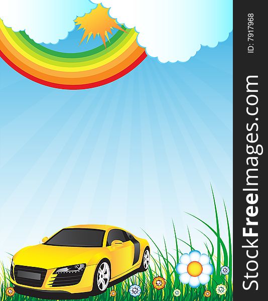 Yellow car and summer landscape