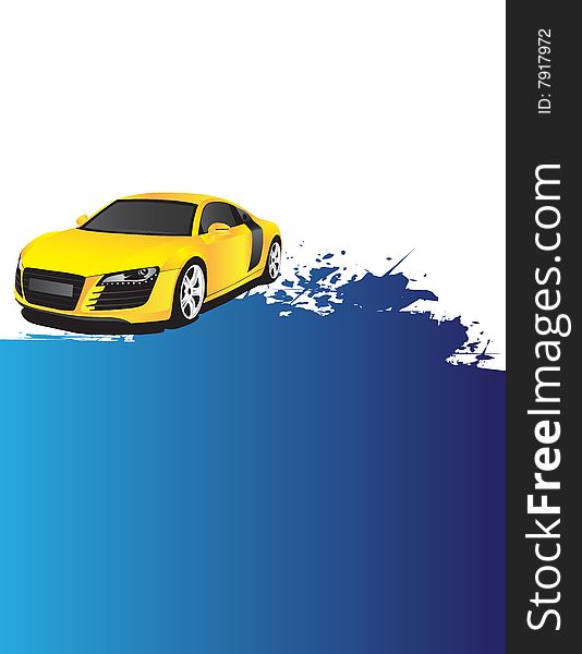 Yellow car on the blue and white background