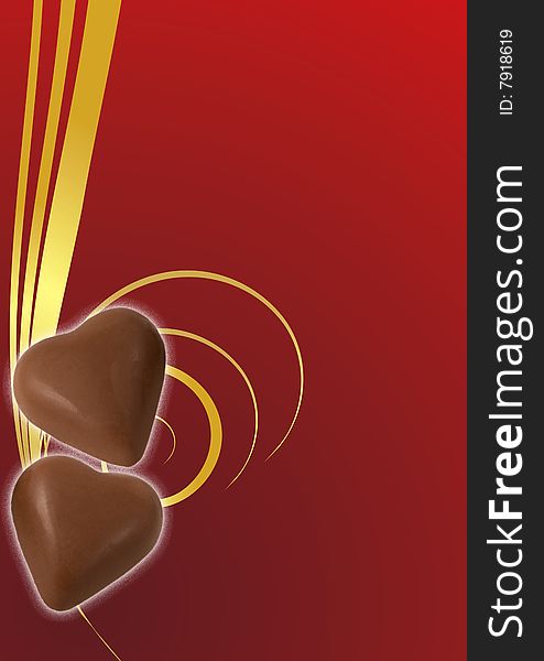 Two chocolate hearts on red background