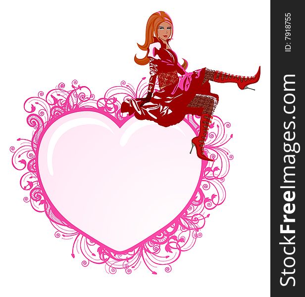 Vector illustration of beautiful girl sitting on floral heart