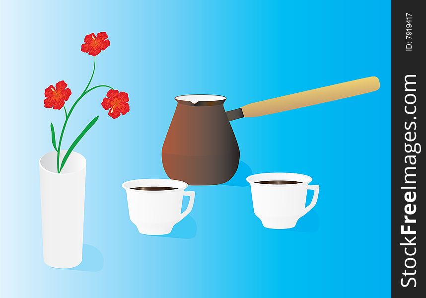 Flowers and two cups of coffee. Vector illustration