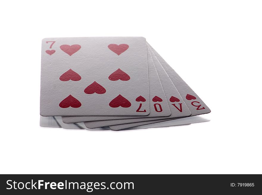 4 heart playing cards isolated on white spelling the word love. 4 heart playing cards isolated on white spelling the word love