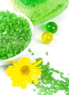 Bath Salt, Oil Balls And Green Towels Royalty Free Stock Image Bath Salt, Oil Balls And Green Towels Royalty Free Stock Image