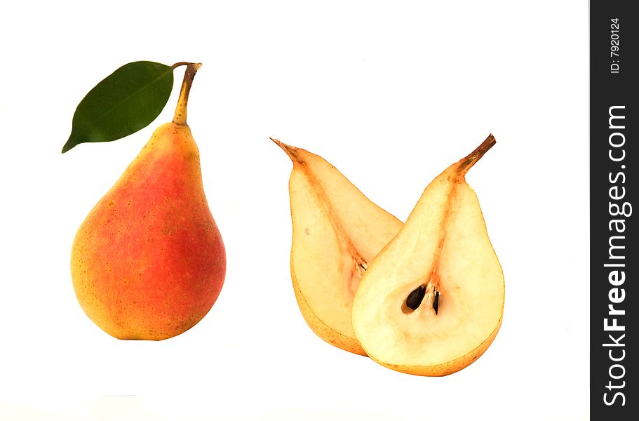 Pear and its sections isolated on white background