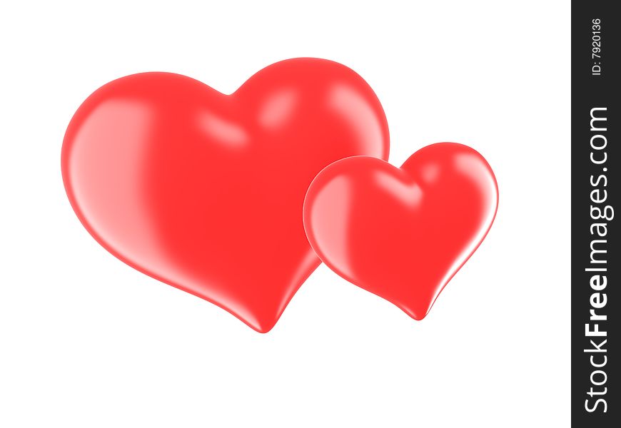 Two red hearts on a white background. 3d render