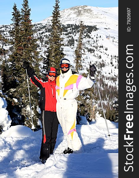 Family of mountain-skiers. Sheregesh. Russia.