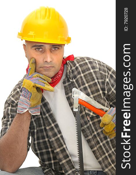 Worker with saw isolated against a white background