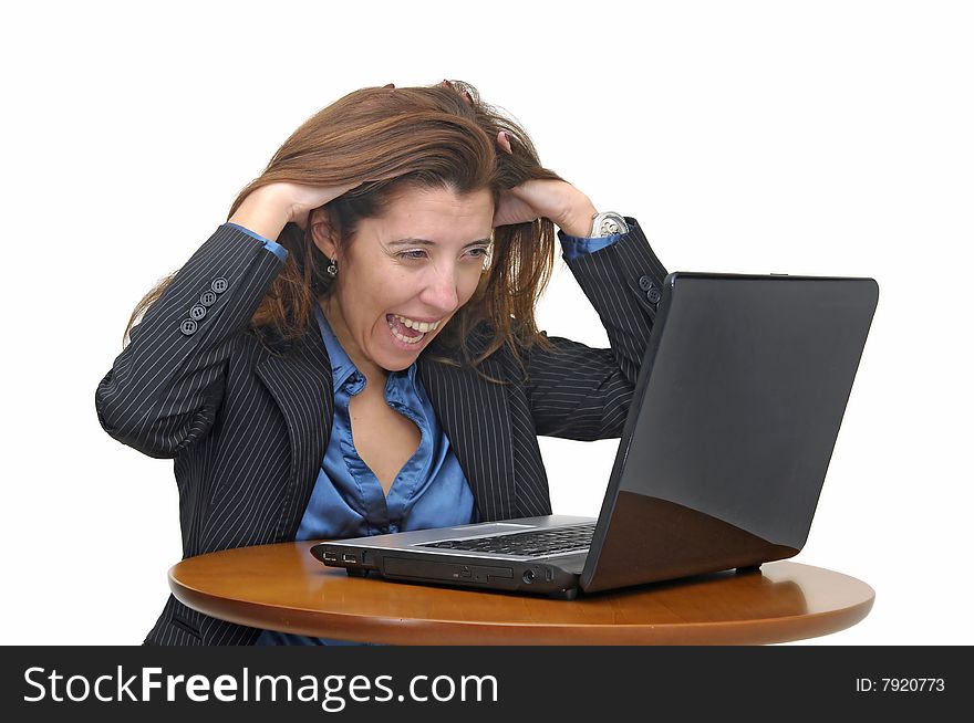 Business woman with laptop isolated against a white background. Business woman with laptop isolated against a white background