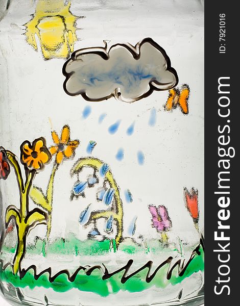 Hand painted glass (flowers, sun, cloud, rain)