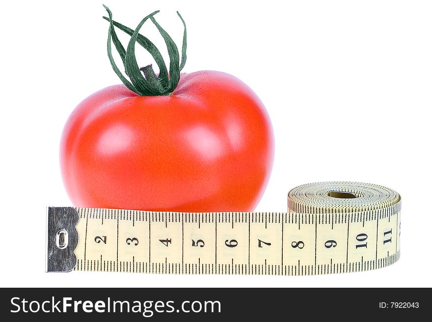 Fresh Tomato with measuring tape on white background