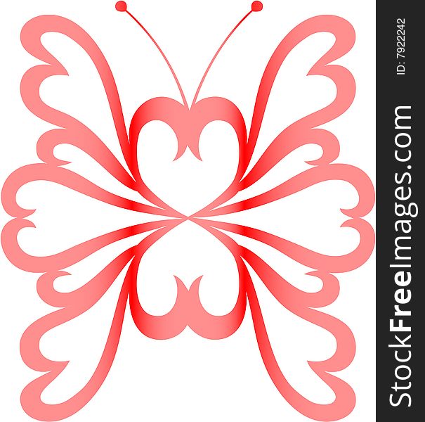 The abstract image of the butterfly made of hearts, painted in a gradient red - pink. The abstract image of the butterfly made of hearts, painted in a gradient red - pink.