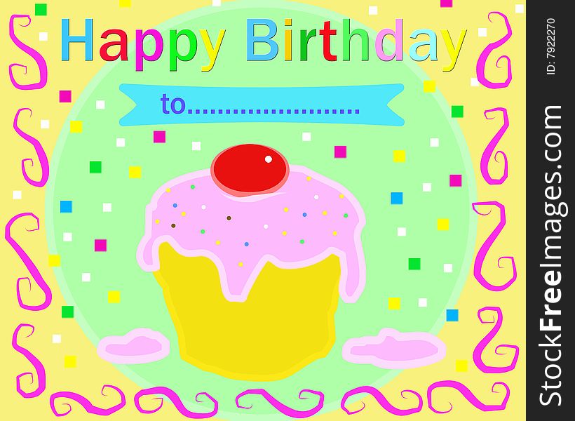 A happy birthday card with a cherry cake surrouded by pink ribbons and multicolor confetti. Digital drawing. Coloured picture. A happy birthday card with a cherry cake surrouded by pink ribbons and multicolor confetti. Digital drawing. Coloured picture.