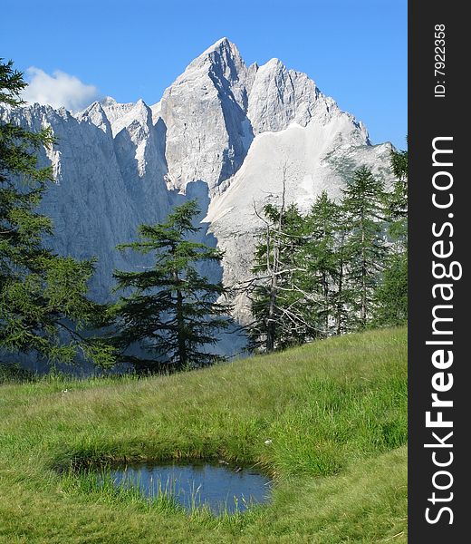 Beautiful green meadow with small pond against mighty mountain peak Jalovec surrounded with azure clear sky. Julian Alps. Slovenia. Beautiful green meadow with small pond against mighty mountain peak Jalovec surrounded with azure clear sky. Julian Alps. Slovenia.