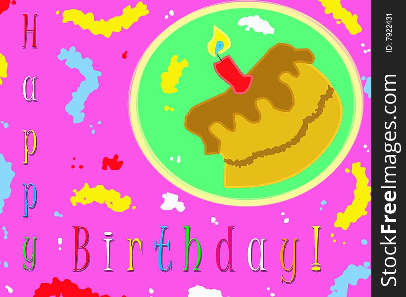 A happy birthday card with a funny chocolate cake, on the right up corner, with a red candle upon the chocolate cream, all surrouded by multicolor cream drops on a pink background. Digital drawing. Coloured picture. A happy birthday card with a funny chocolate cake, on the right up corner, with a red candle upon the chocolate cream, all surrouded by multicolor cream drops on a pink background. Digital drawing. Coloured picture.