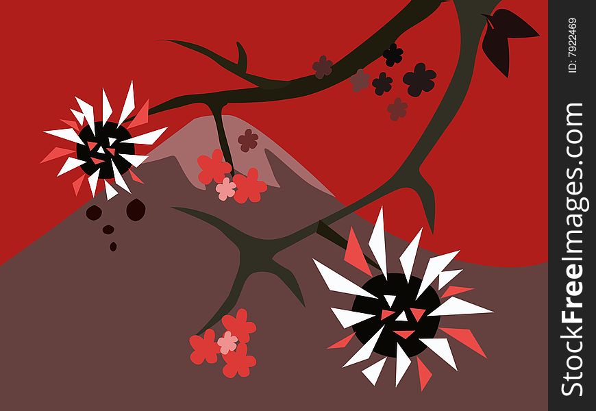 Japanese style illustration,with sakura and mountain