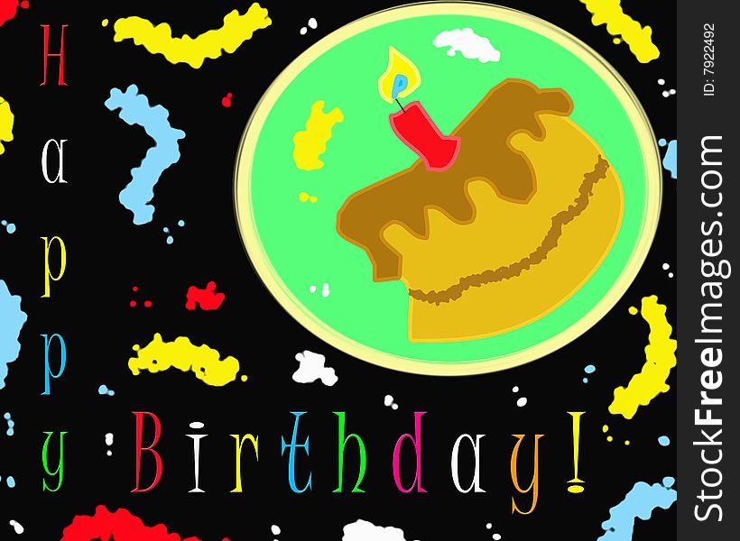 A happy birthday card with a funny chocolate cake, on the right up corner, with a red candle upon the chocolate cream, all surrouded by multicolor cream drops on a black background. Digital drawing. Coloured picture. A happy birthday card with a funny chocolate cake, on the right up corner, with a red candle upon the chocolate cream, all surrouded by multicolor cream drops on a black background. Digital drawing. Coloured picture.