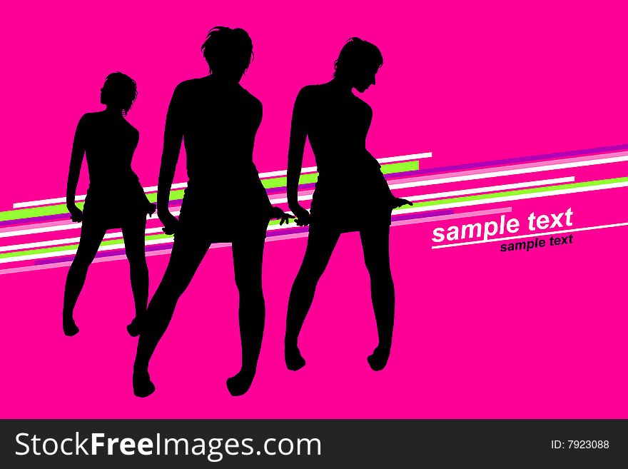 Dance party on pink background, three female silhouettes