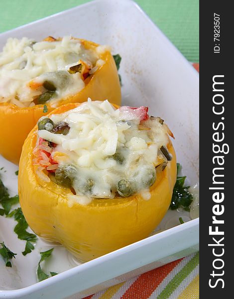 Filled yellow bell pepper with rice and vegetable
