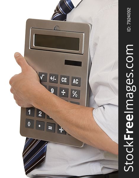 Businessman with gigantic pocket calculator, young man regard calculator