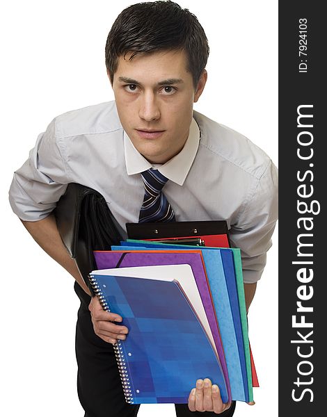 Student with documents, young man with tie and office material