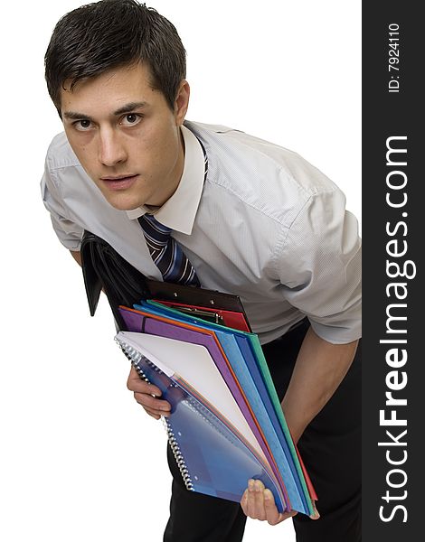 Student with documents, young man with tie and office material