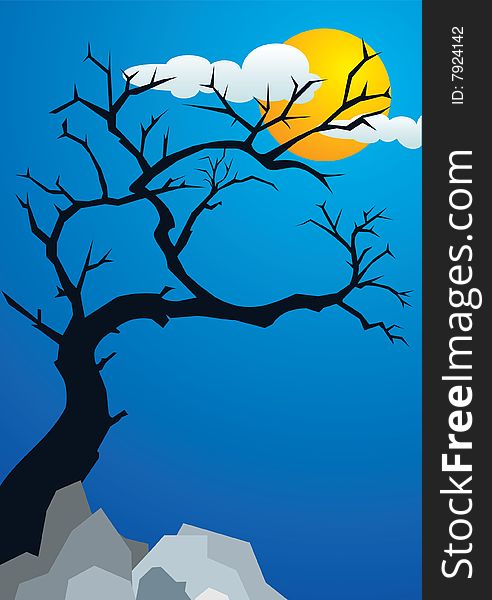 A vector illustration, tree at cloudy night. A vector illustration, tree at cloudy night