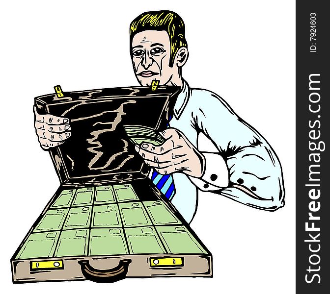 Manager holds suitcase full of money vector illustration. Manager holds suitcase full of money vector illustration