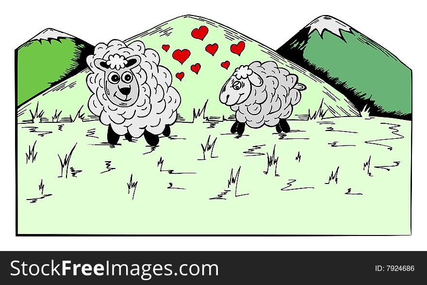 Two sheeps on the field in vector illustration. Two sheeps on the field in vector illustration