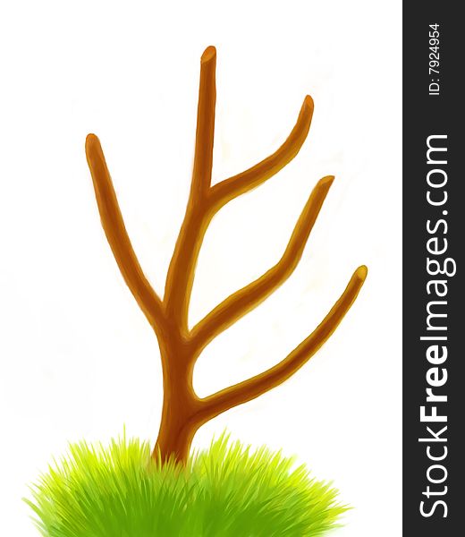 Surreal tree and grass on white background