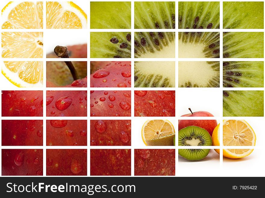 Collage on which изображенны some photos of fruit on a white background. Collage on which изображенны some photos of fruit on a white background