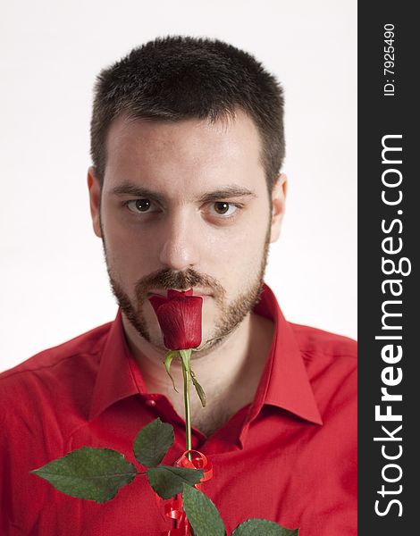 Young Man With Red Rose In Red Shirt