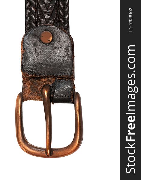 Old belt with copper buckle on a white background