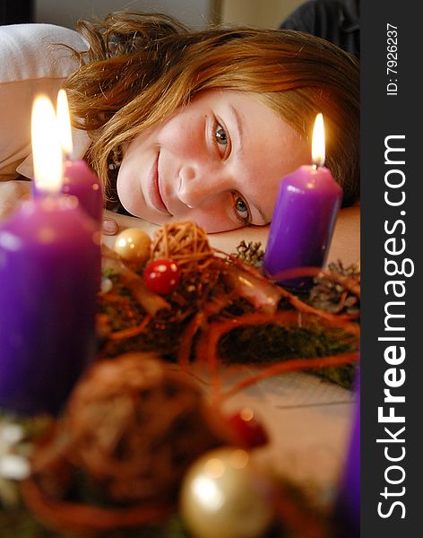 Beautiful  smile blond girl with candles. Beautiful  smile blond girl with candles