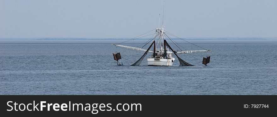 Shrimp boat dragging net, panoramic shot