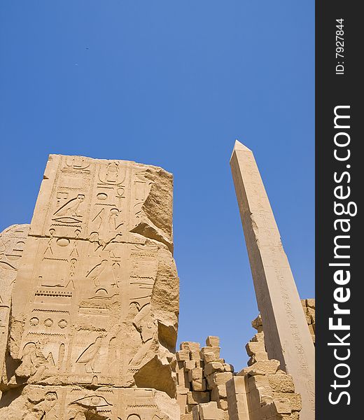 Carved stone and obelisk at Karnak Temple. Thebes. Egypt series