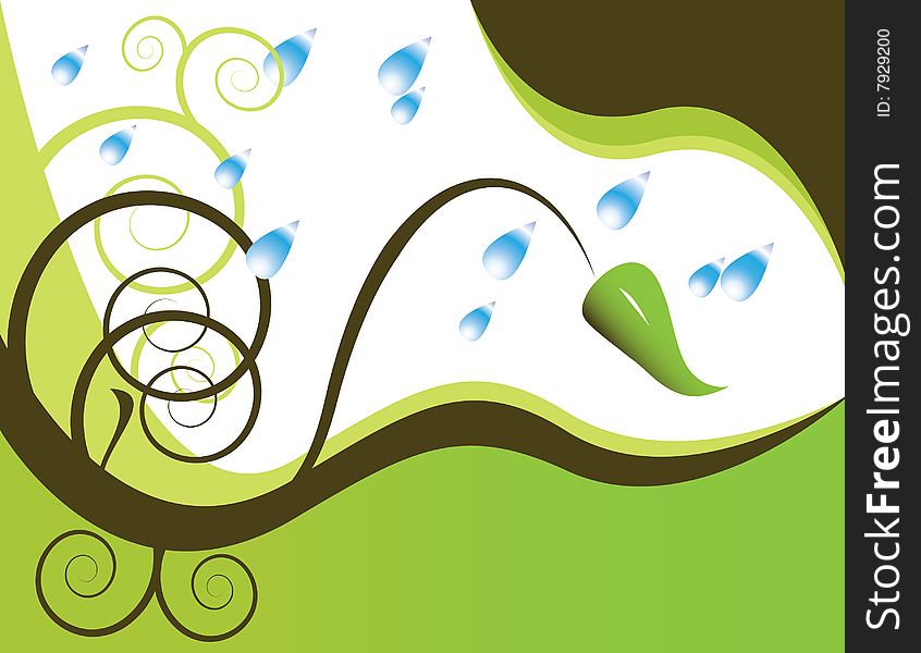 Raindrops and one green leaf are featured in an abstract background illustration. Raindrops and one green leaf are featured in an abstract background illustration.