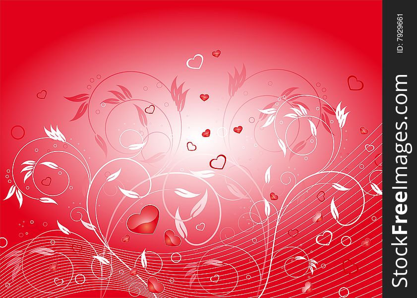 Illustration of Valentin´s background with red and white hearts and flowers