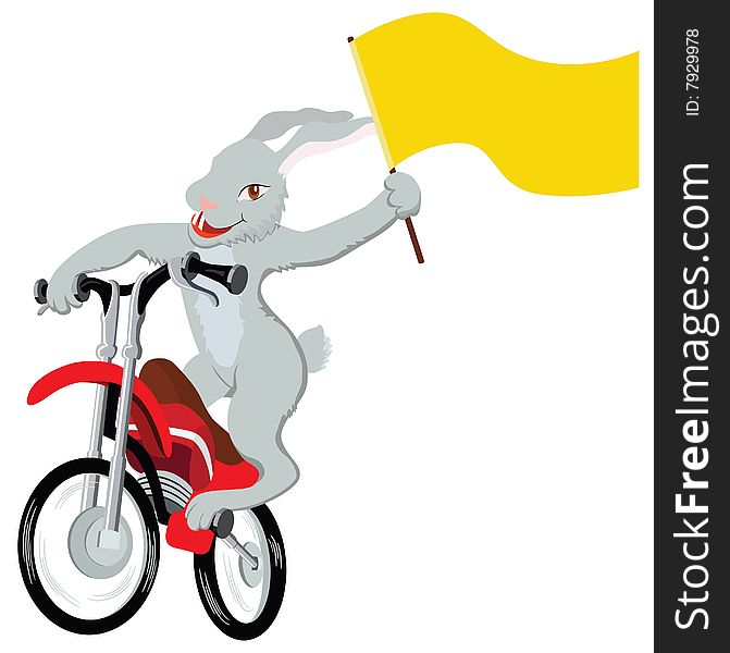 Bunny riding a motorcycle, holding a flag in the paw. Bunny riding a motorcycle, holding a flag in the paw.
