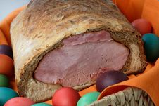 Easter Ham On Bread With Colored Eggs Royalty Free Stock Photos Easter Ham On Bread With Colored Eggs Royalty Free Stock Photos