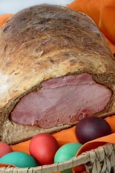 Easter Ham On Bread With Colored Eggs Stock Image Easter Ham On Bread With Colored Eggs Stock Image