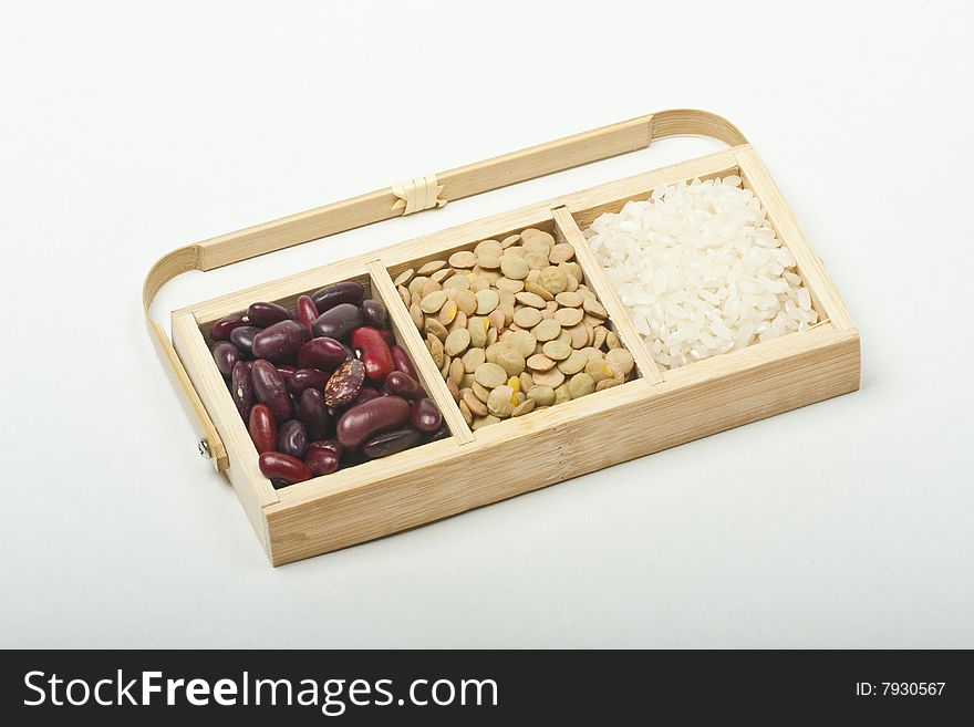 Beans, lentils and rice in a basket. Beans, lentils and rice in a basket