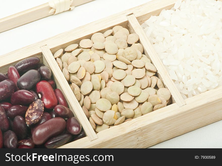 Beans, lentils and rice in a basket. Beans, lentils and rice in a basket