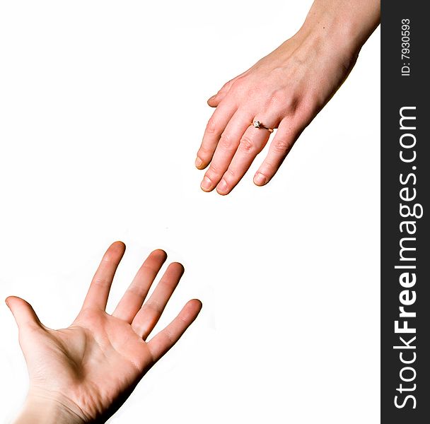 Man and woman's hands reaching for each other